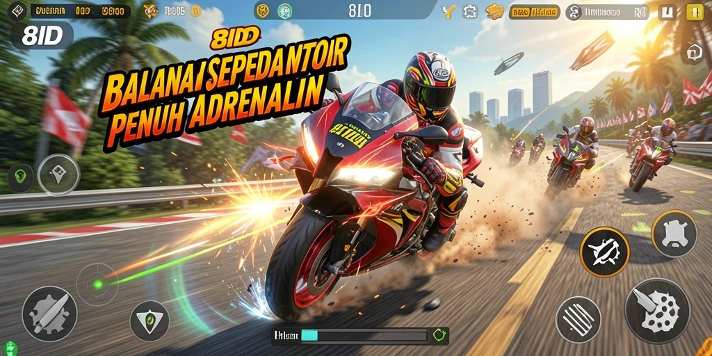 Screenshot 8ID menunjukkan gameplay balapan motor yang seru dan menegangkan.