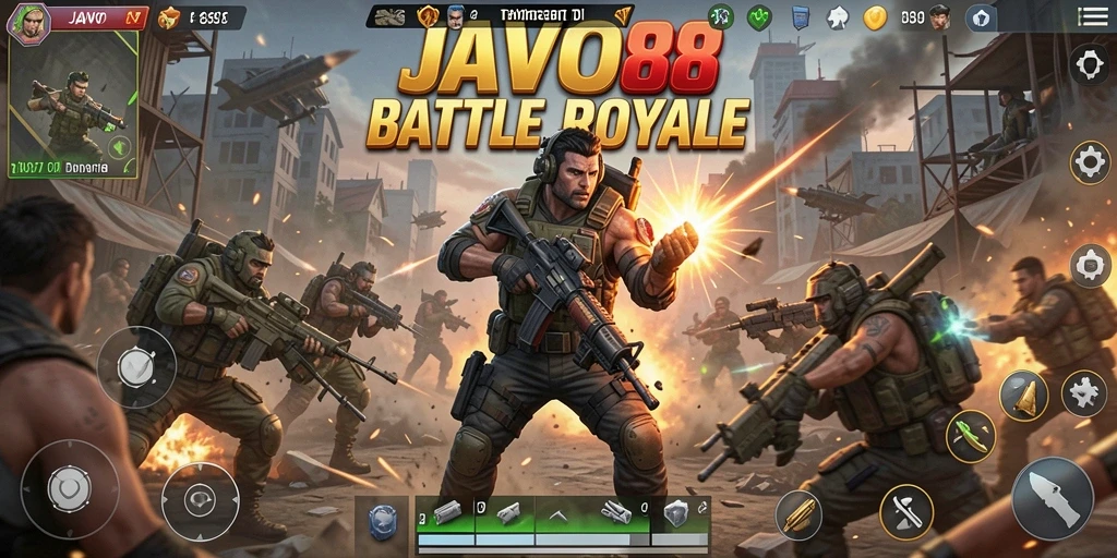 Screenshot permainan JAVO88 menampilkan pertempuran Battle Royale yang intens.