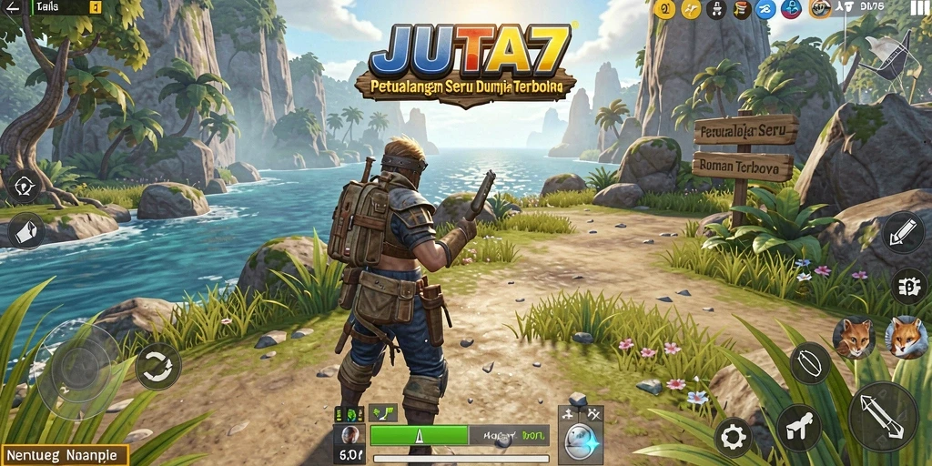 Screenshot gameplay JUTA7 menampilkan eksplorasi dunia terbuka yang penuh warna.