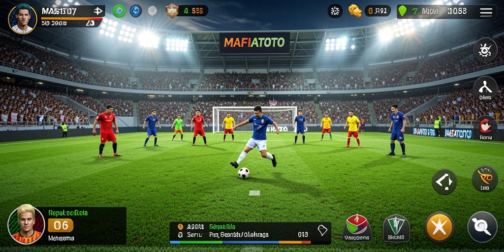 Tampilan gameplay MAFIATOTO dengan aksi sepak bola penuh semangat.