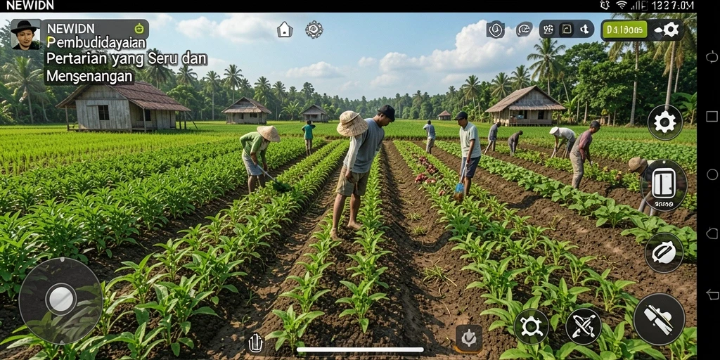 Tampilan gameplay NEWIDN yang menarik dengan berbagai aktivitas pertanian.