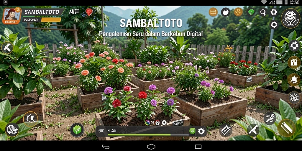 Screenshot utama SAMBALTOTO menampilkan kebun yang subur dan aktivitas bertani yang seru.